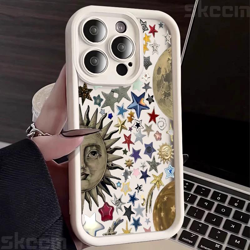 Retro Style Face Sun Stars Silicone Phone Case For iPhone 16 15 14 13 12 11 Pro Max 16E 7 8 Plus X XS XR Shockproof Soft Cover