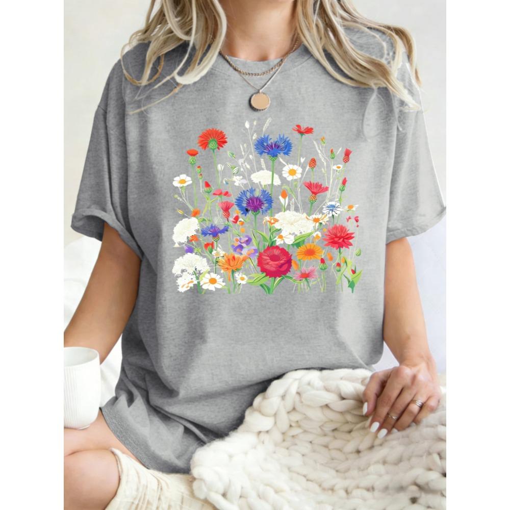Flowers That Absorb Sunlight Printed T Shirt Women Summer Casual Short Sleeve O-Neck Loose T-Shirt Cotton Sportswear