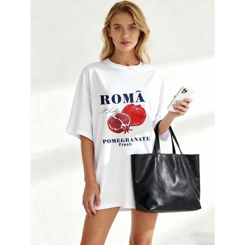 Oversized T Shirt Black Roma Pomegranate Fresh Fruit Graphic Print Casual Summer Wear