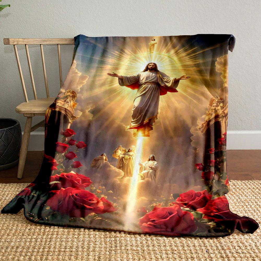 Jesus Roses Halo Blanket  Printed Blanket for Living Room Bed Couch lunch break Soft Cozy Blanket for Friend's festival Gift