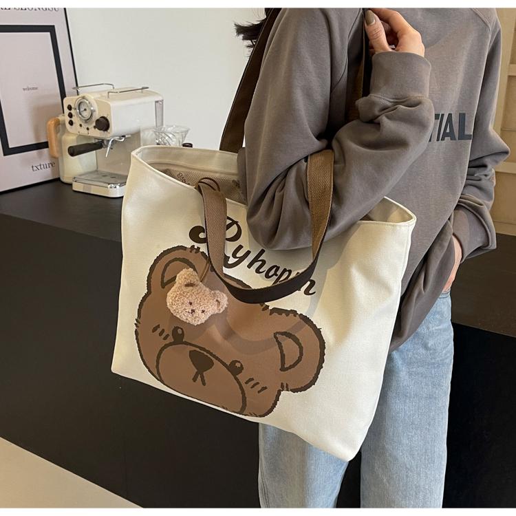 Women's Large Casual Canvas Tote - Summer Cartoon Bear Design for College & Commute