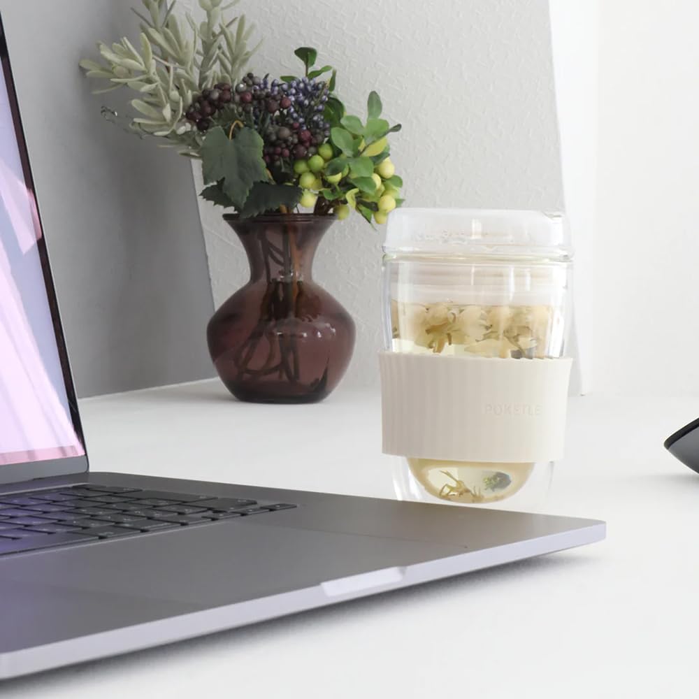 POKETLE Glass Tumbler with Lid, 220ml, Double-Walled, Heat-Resistant, Dishwasher-Safe, BPA-Free, Vidro 220, Ivory