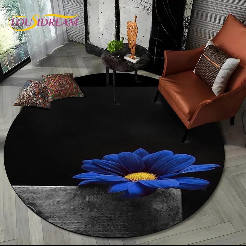 3D Daisy Nordic Flower Sunflower Round Area Rug,Carpet for Living Room Children's Bedroom Sofa Playroom Decor,Non-slip Floor Mat