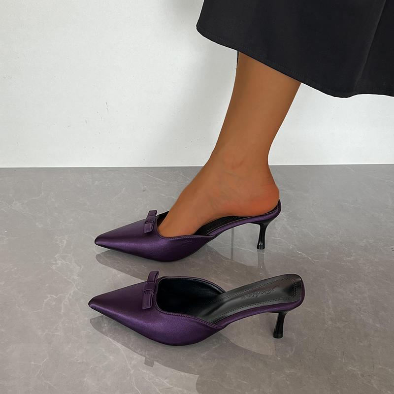 

2025 Весна Новинка Бант Леопардовый принт Женские тапочки Женские Острый носок Тонкий Низкий каблук Сандалии Дамские Мюли Обувь Zapatos Mujer 40 фиолетовый