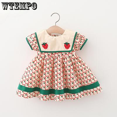 Summer Children's Clothes Simple Plaid Baby Girls Dresses Short Sleeve Kids Fashion Navy Collar 0 To 3 Years Old Toddler Costume