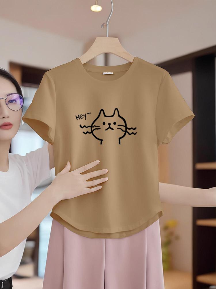 

Pure desire wind round neck curved hem 2025 short-sleeved t-shirt women s summer new irregular small top ins tide XXL