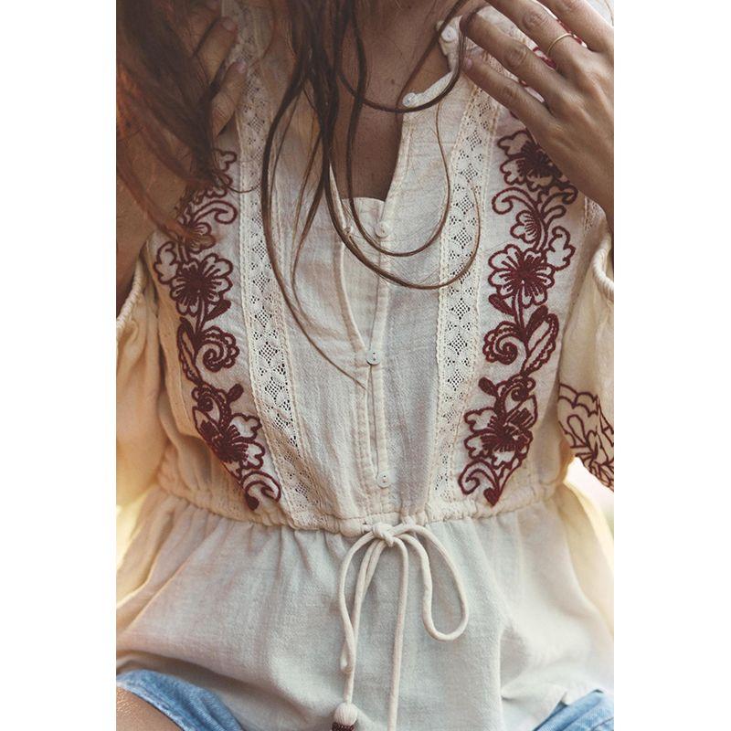 Summer New Product Women's Clothes French Vintage Style Loose with Accessories Embroidered Crew Neck Long Sleeves Shirt 7200039