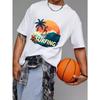 Surfing T Shirt White Surfing Wave Palm Tree Sunset and Flowers Print for Beach Vacation Summer Outdoor Activities