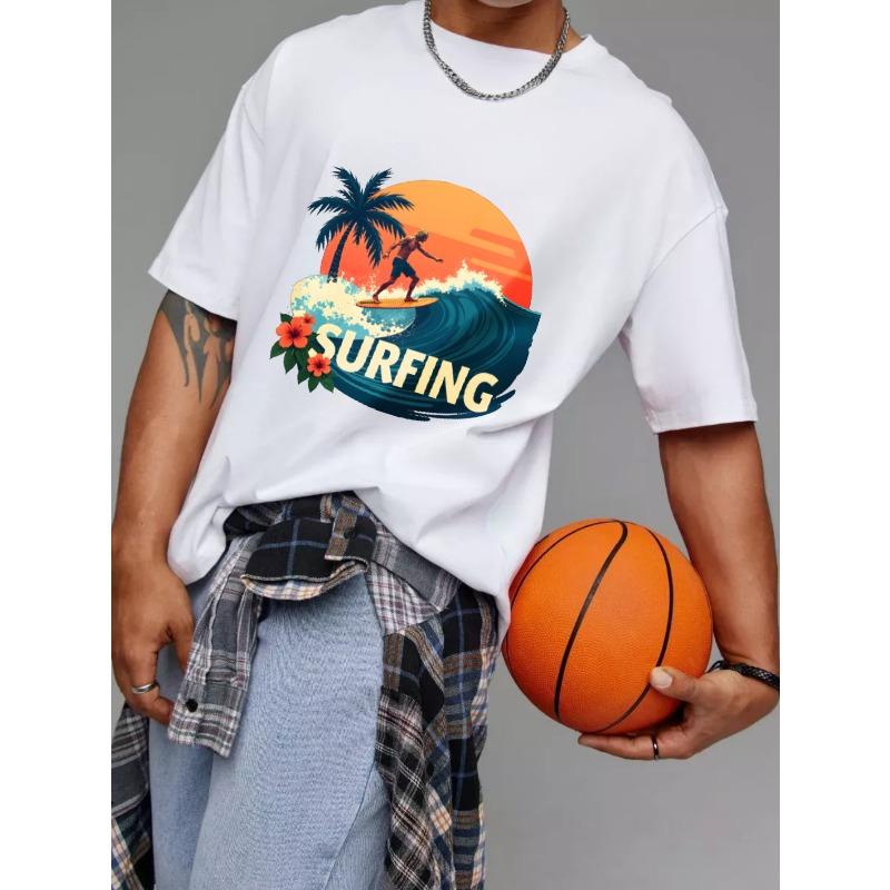 Surfing T Shirt White Surfing Wave Palm Tree Sunset and Flowers Print for Beach Vacation Summer Outdoor Activities