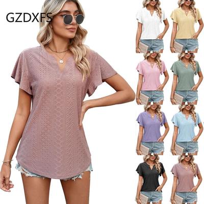 DX2024-8132# Women's Summer New Women's Top Solid Color Hollow V-neck Ruffle Sleeve Casual T-shirt