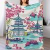 GUOYU Decke Überwurfdecke Chinoiserie Anthrazit Koralle Pagode Flanell Fleece Überwurfdecke Japanischer Asiatischer Stil Decke Pagode und Blume