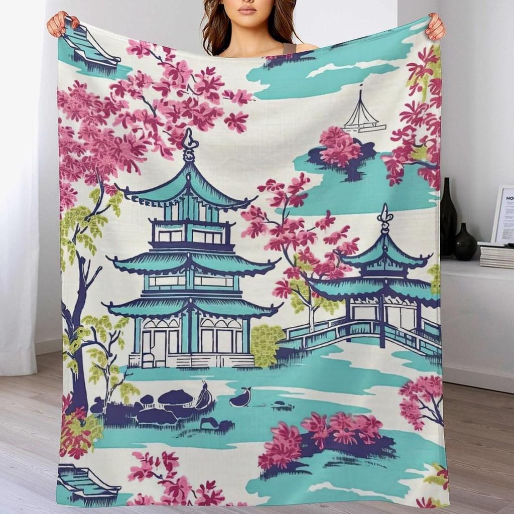 GUOYU Decke Überwurfdecke Chinoiserie Anthrazit Koralle Pagode Flanell Fleece Überwurfdecke Japanischer Asiatischer Stil Decke Pagode und Blume