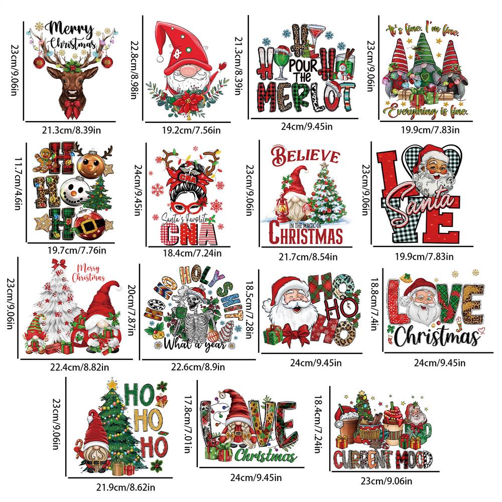 15pcs Christmas Cartoon Heat-Transfer Stickers Christmas Themed DTFTransfer Bundle PVC Vinyl Iron-On Decal Patches For T-Shirts