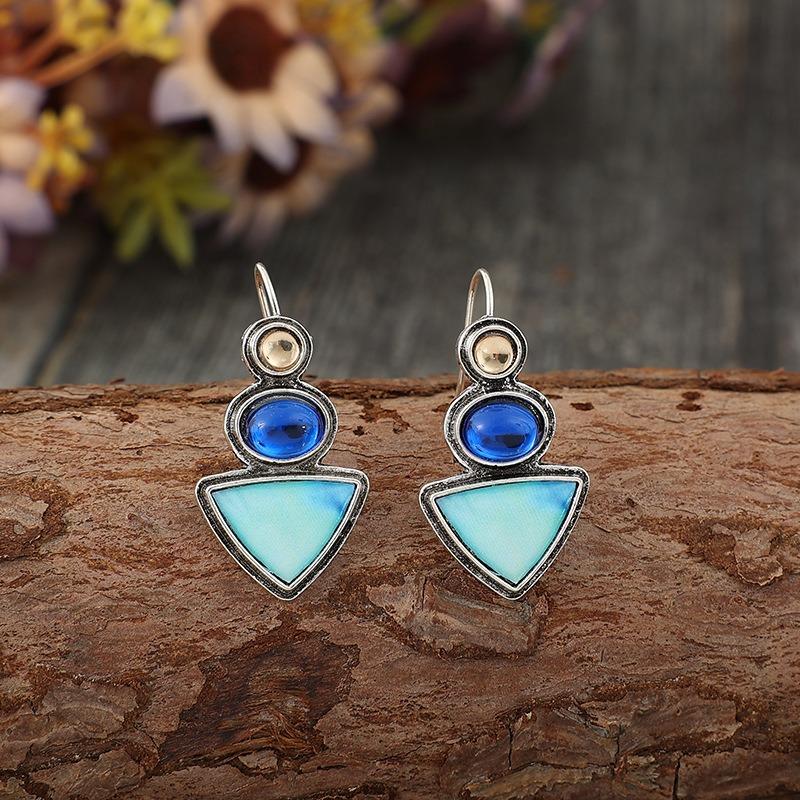 Ethnische Silberfarbe Geometrische Dreiecke und Kreise Champagner Blaue Steine Ohrringe Vintage Pastenmuster Hängeohrringe für Damen