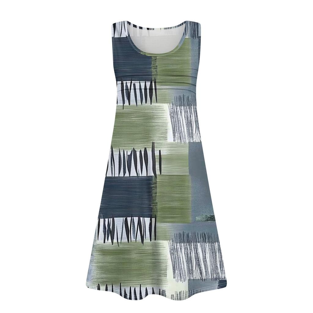 Damen Sommerkleid Rundhalsausschnitt Plissee Vorne Tank Ärmellos Taschen Sommerkleid Freizeitkleid