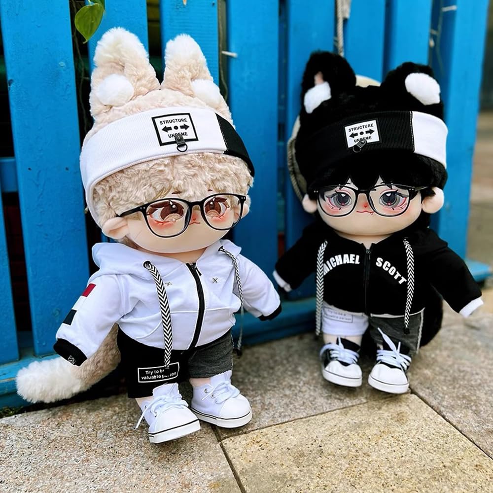 Niannyyhouse 40cm Plush Doll with Loose Colorblock Canvas Cotton Doll Accessories Clothes, Hairband, Hoodie, Shorts, Shoes, Dress-Up (Black)