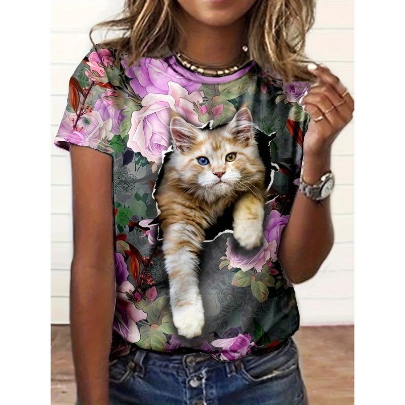 Damen T-Shirt mit 3D-Druck und süßer Katze, Übergröße, modisch, beliebte Kleidung, Damenkleidung, kurzärmelige Bluse