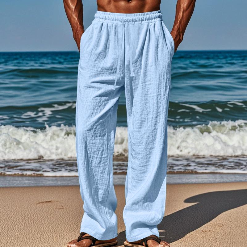 All-season Lightweight Men’s Casual Linen Trousers: Plain-coloured, Loose-fitting, Wide-leg, Straight-leg Beach Trousers