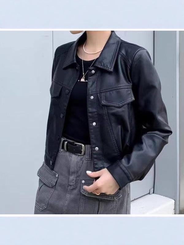 Women's Petite High-Waisted Short Leather Jacket for Autumn/Winter 2025: New Arrival Lapel Motorcycle Outerwear