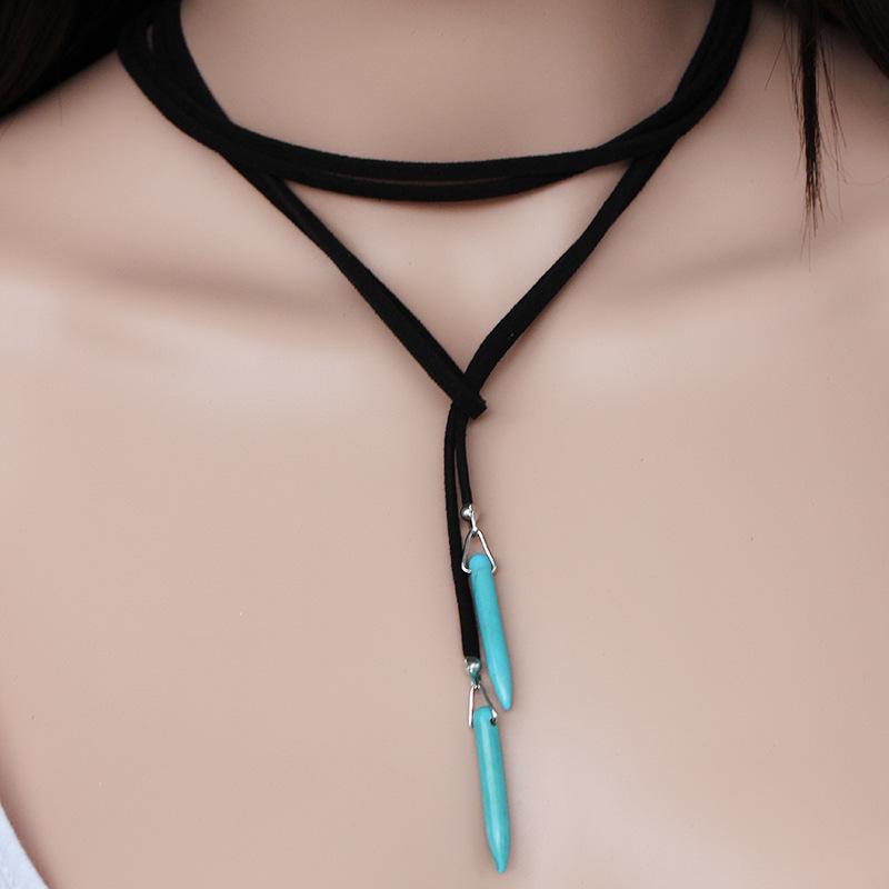 Bohemian Long Korean Velvet Strap Necklace Natural Stone Turquoise Pendant Sweater Chain Retro Style