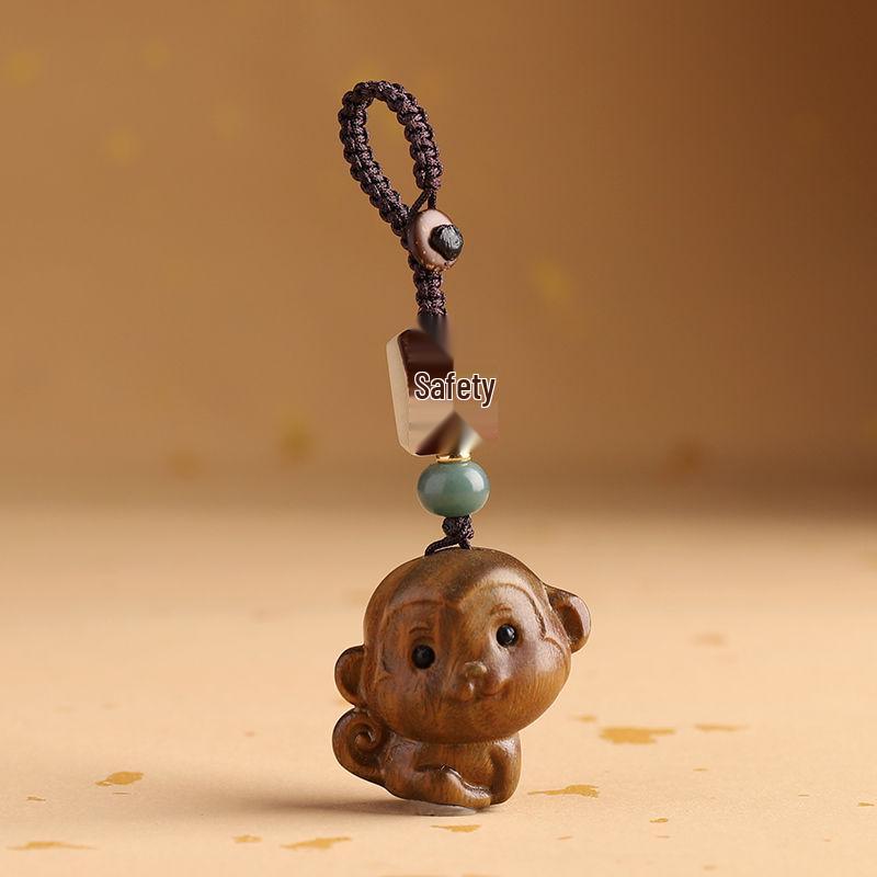 Sandalwood Zodiac Monkey Keychain Pendant: Retro Car Ornament for Men & Women