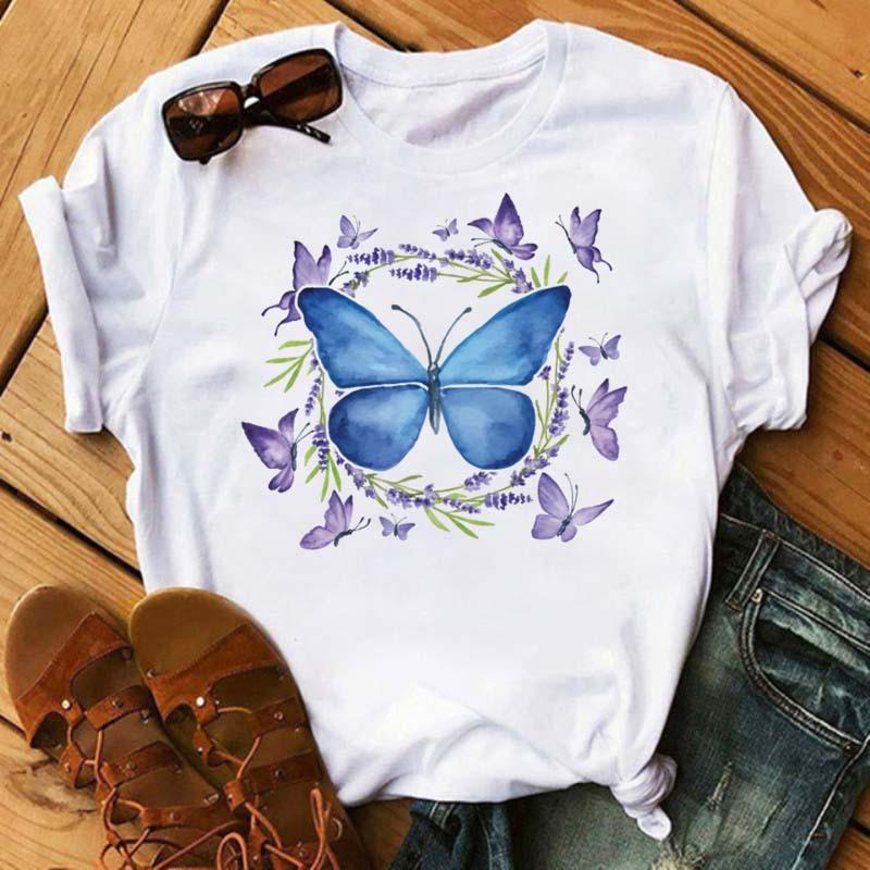 Summer Butterfly Print Plus Size Loose Round Neck Pure Cotton Short Sleeved Top T-Shirts Women’s Tees