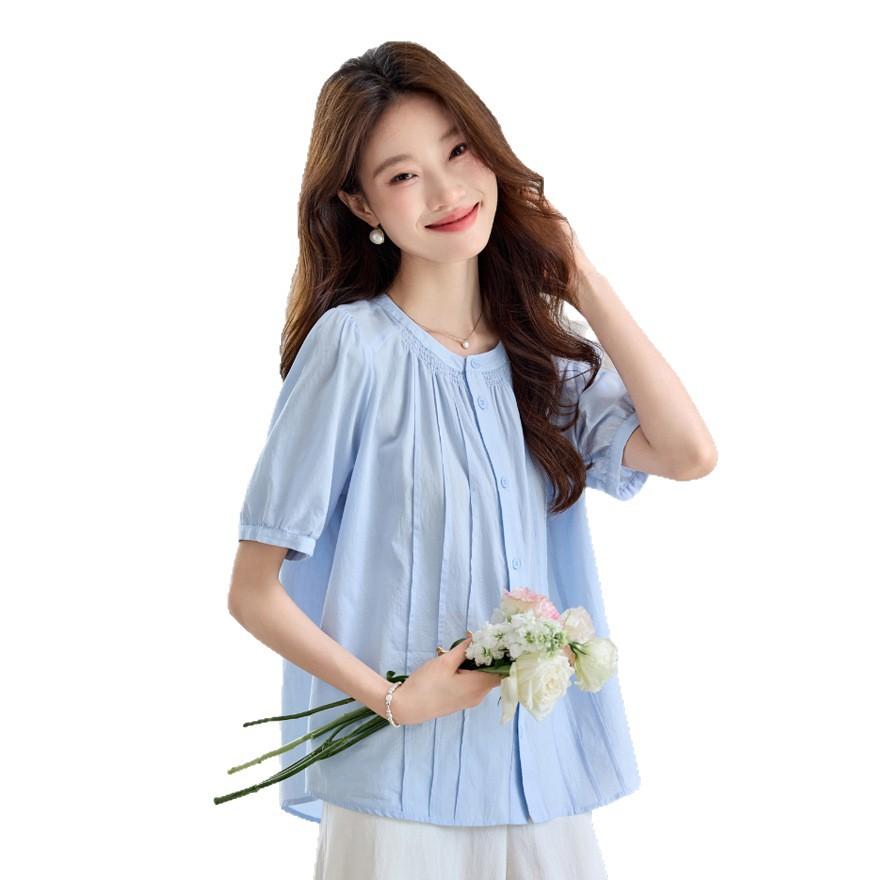 Summer thin pleated design bubble sleeves loose and versatile small casual shirt women
