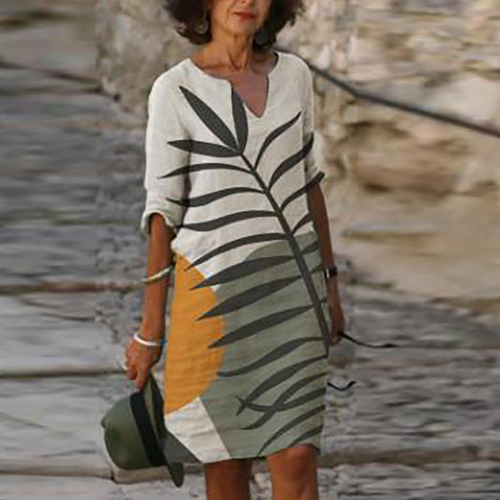 Women Summer V-neck Folk-custom Plus Size Print Loose Mid-sleeve Dress
