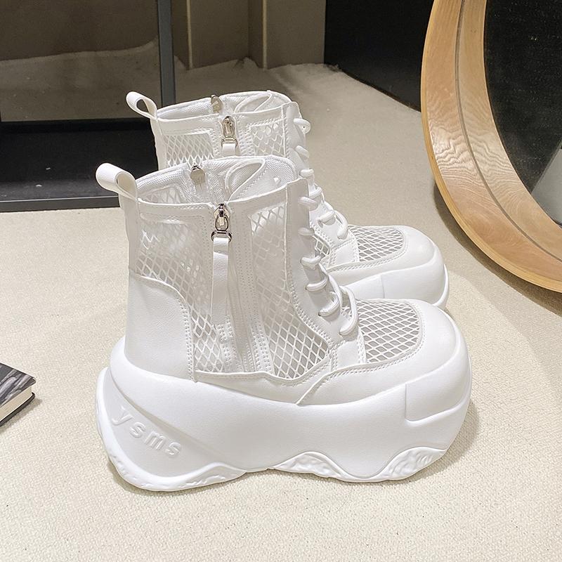 Fashion Women Summer Grid Boots 2025 Breathable Mesh Sneakers High Platform Hollow Ankle Boots For Woman Lace-up Outdoor Chunky Shoes