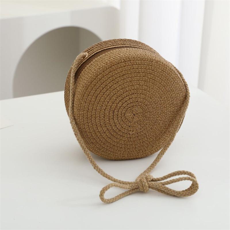 Summer Solid Color Straw Bag Shoulder Messenger Round Bag Children Versatile Outing Beach Bag Light Board DIY Round Weaving