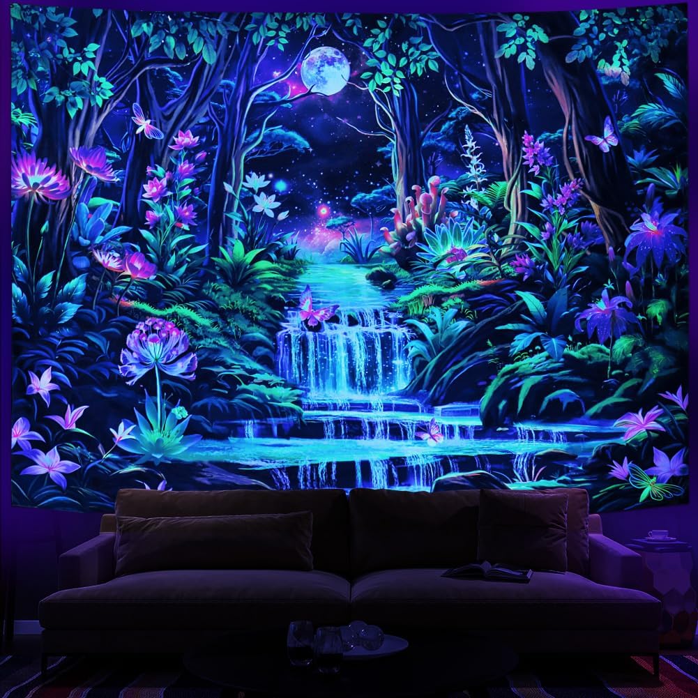 Leofanger Blacklight Fantasy Forest Tapestry Aesthetic Moon Tapestry UV Reactive Neon Galaxy Space Wall Tapestries Trippy Plant Floral Tapestries