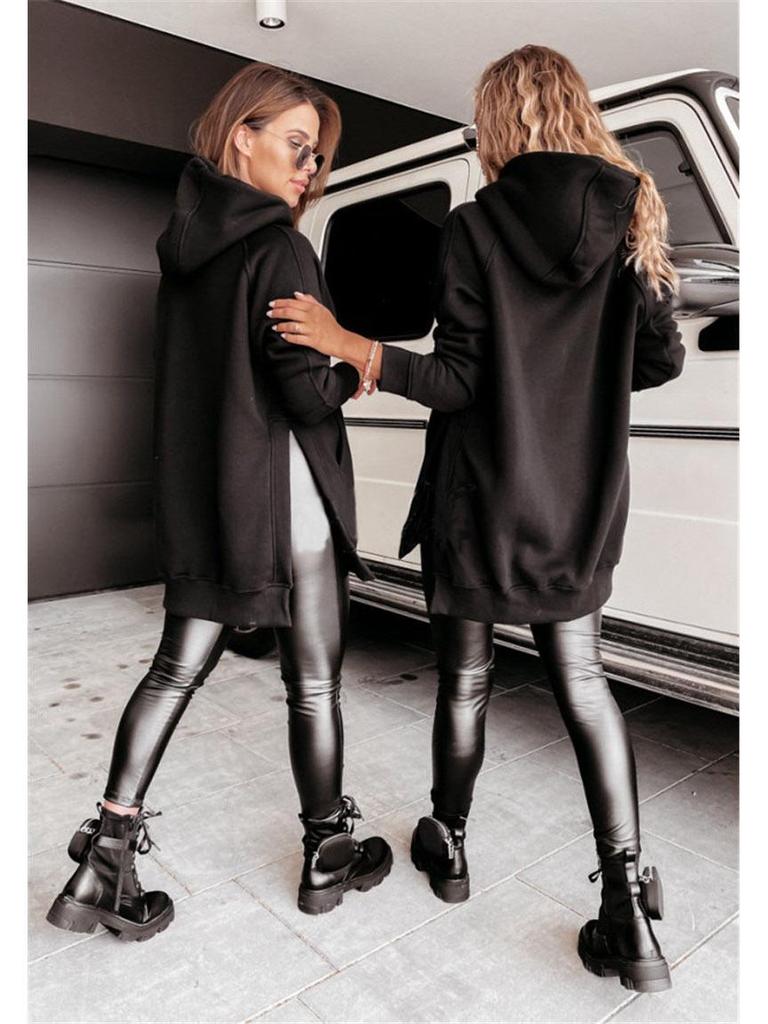 2024 Autumn/Winter Women's Solid Color Hooded Sweatshirt with Slit