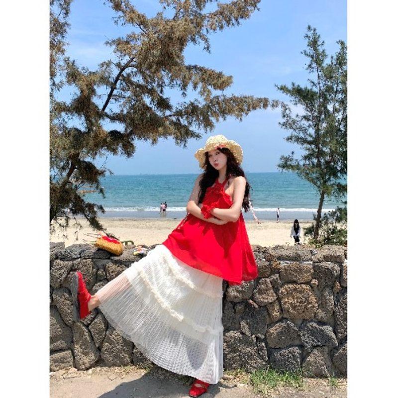Kumikumi Idle Style Set Red Halter Top Women Summer High Waist Slimming Versatile Skirt Two-piece Set