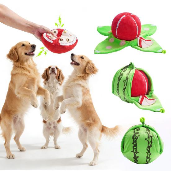 Educational Interactive Dog Toy Watermelon Plush Hide Seek Puzzle Toy with Squeaker Crinkle Sounds Small Medium Dogs IQ Training Chew Toy