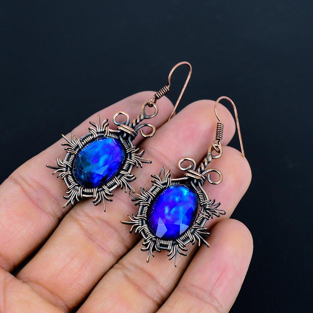 Boucles d'oreilles Ammolite Bijoux en pierres précieuses, Boucles d'oreilles faites main enveloppées de fil de cuivre 999, Bijoux au design le plus récent