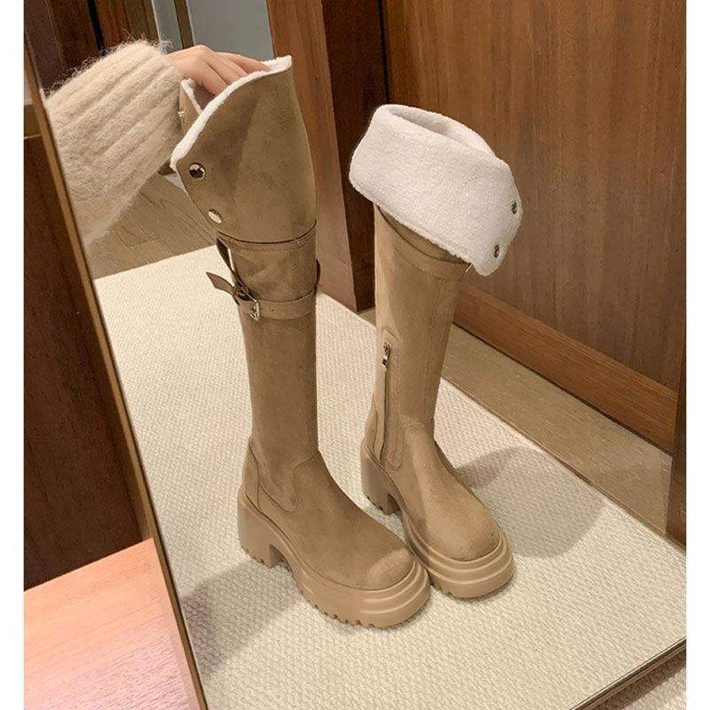 

Двое детских ботфортов Маленькие длинные сапоги Осенне-зимние сапоги на толстой подошве Ботинки-маярды Женские сапоги-рыцари с внутренней платформой Большие 40