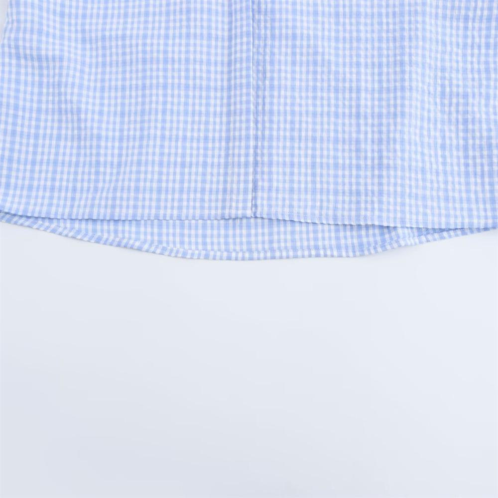 Spring 2025 Women's Sweet Plaid Tie-Collared Short Shirt