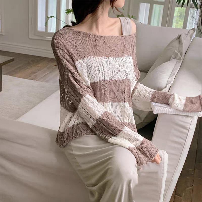New Casual Twist Long Sleeved Striped Sunscreen Knitted Sweater Korean Style Women Retro Top Thin Hollow Out Loose Blouse O Neck Simple Clothing