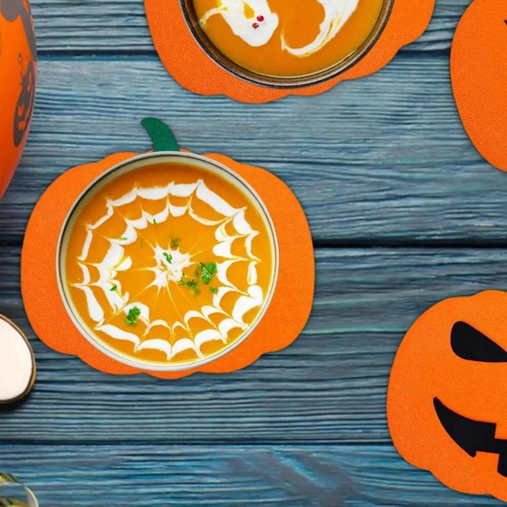 6 Pcs Heat Resistant Halloween Felt Pumpkin Coasters Non-Slip Halloween Decoration Home Bar Decor