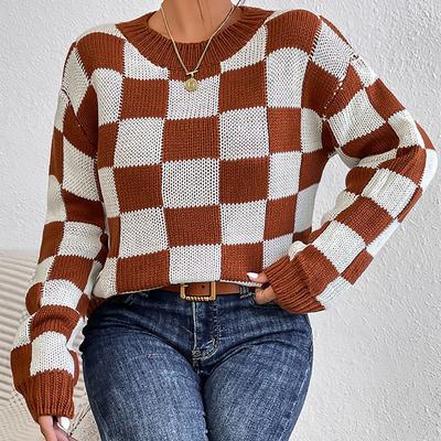 Dames Lange Mouw Kleurblok Ruitjes Losse Ronde Hals Pullover Trui Herfst en Winter