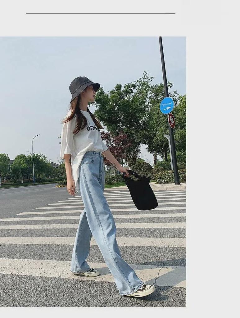 2021 Koreanischer Stil High-Waist Loose Straight Jeans für Damen - Sommer & Herbst Weitbeiniger Drapierhosen