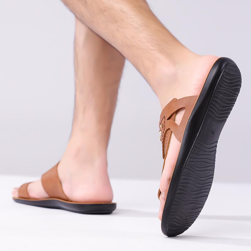 Herren Braune Flache Hausschuhe Sommer Weiß Breite Zehenpartie Römische Sandalen Retro Schwarze Leder Strandschuhe Große Größen