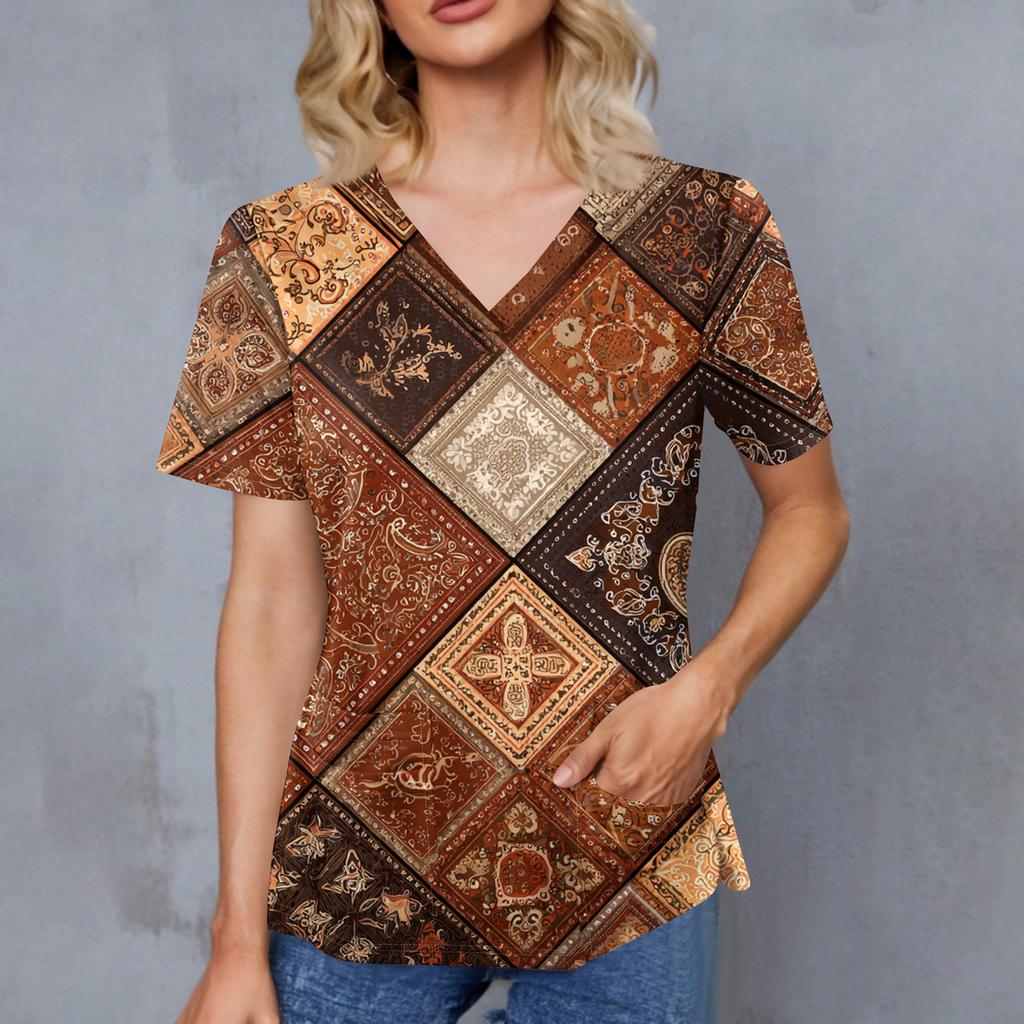 Women's Retro Printed V-Neck Double Pocket Short Sleeves Hem Slit  Uniform Caregiver Top