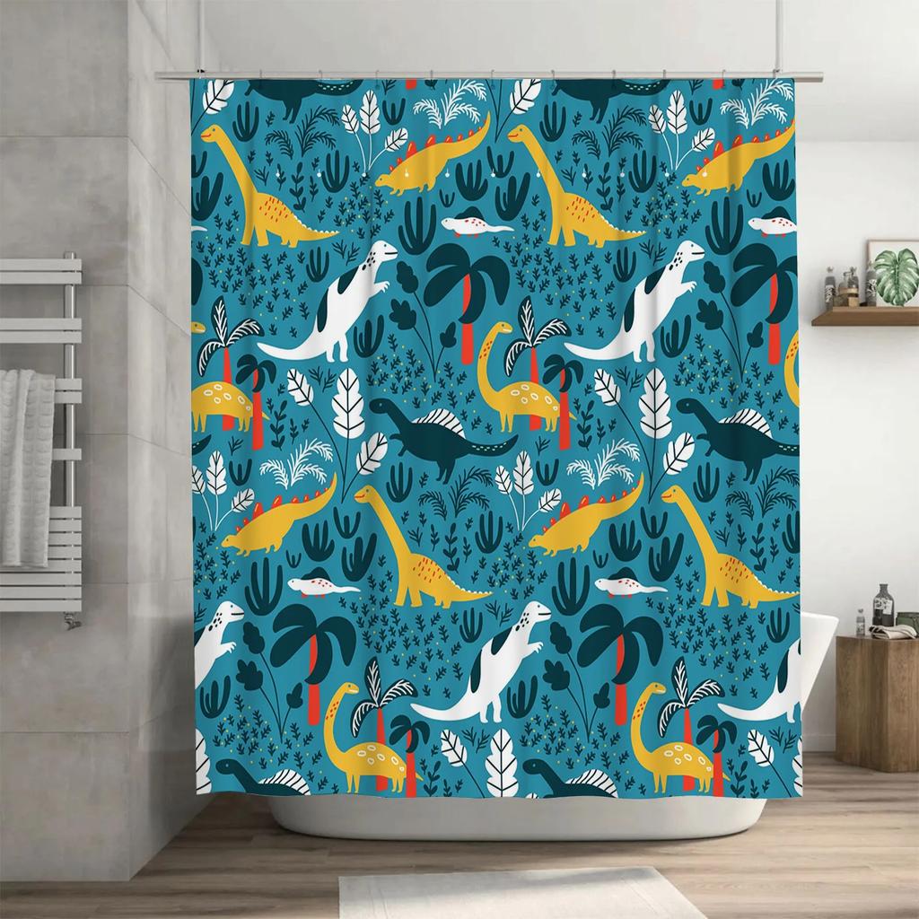 Blue Dinosaur Shower Curtain Bathroom Decor Waterproof Fabric Modern Kids Room Decoration Cute Dinosaurs Design