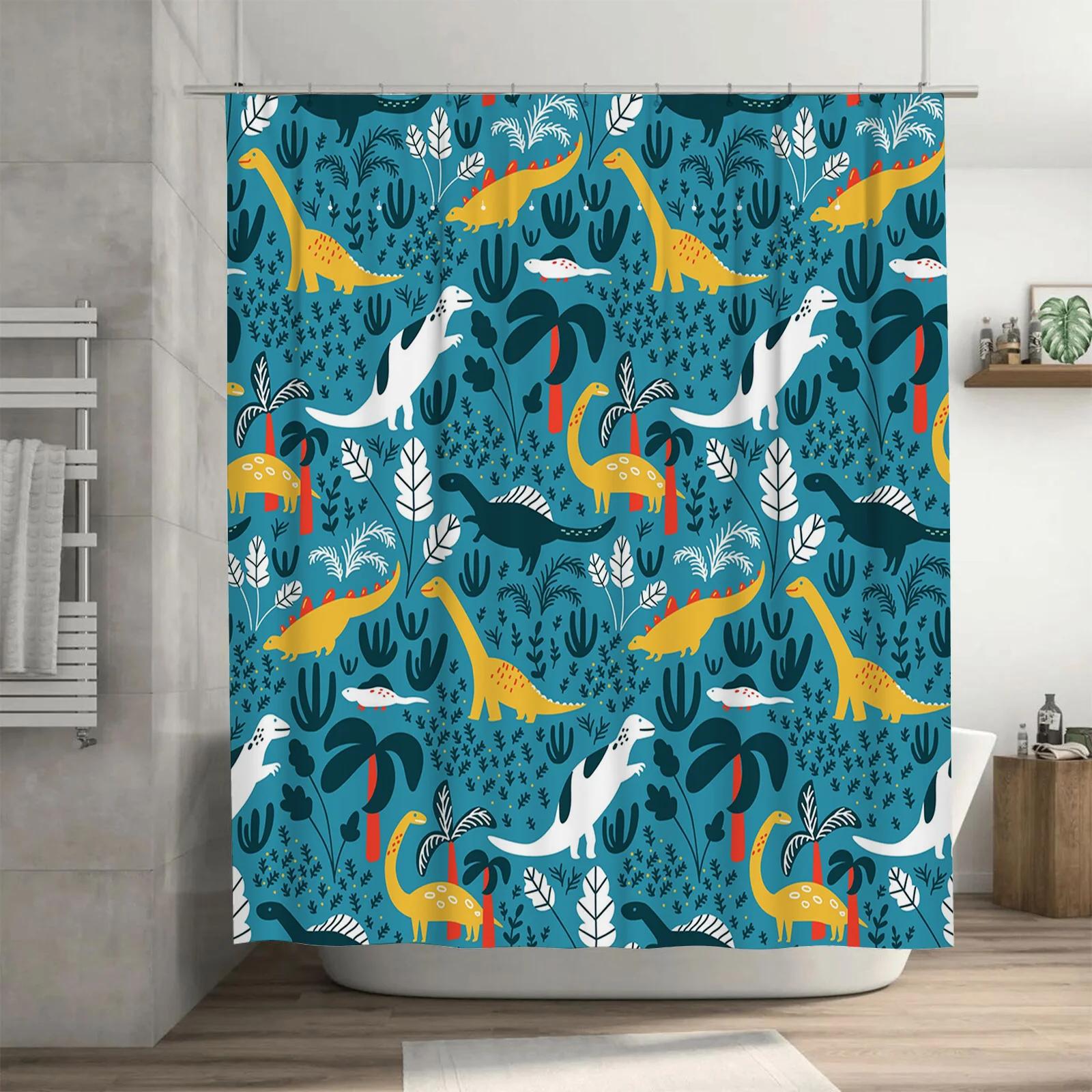 

Blue Dinosaur Shower Curtain Bathroom Decor Waterproof Fabric Modern Kids Room Decoration Cute Dinosaurs Design W60H190(CM)-1 Pcs