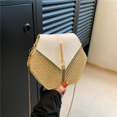 Bolsa de Palha de Verão Feminina Hexagonal com Corrente Transversal Bolsa de Ombro Tecida à Mão Bolsa Mensageiro com Franjas da Moda
