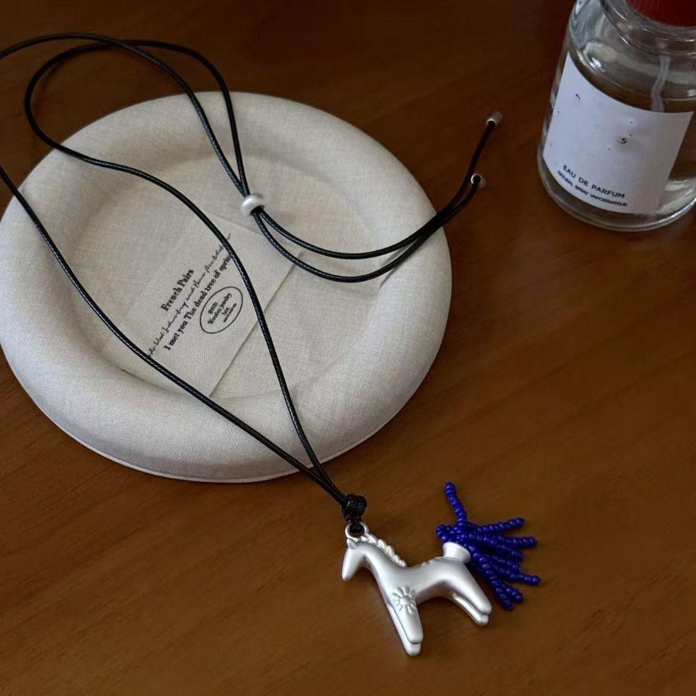 Long Wax Rope Necklace Horse PU Leather Necklace Retro Pony Pendant Necklace  Decoration