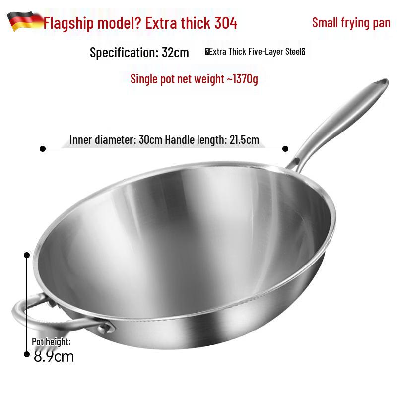 WUHE 32cm Non-Stick 304 Stainless Steel Wok