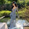 Blue Printed Collar Dress Waist Breathable Pleated Layered Design Thin Dress