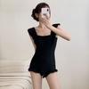 Student Premium Black 's Belly Cover Skinny Conservative Small Breasts Slim Fit Flat Angle Hot Spring One-piece Swimsuit